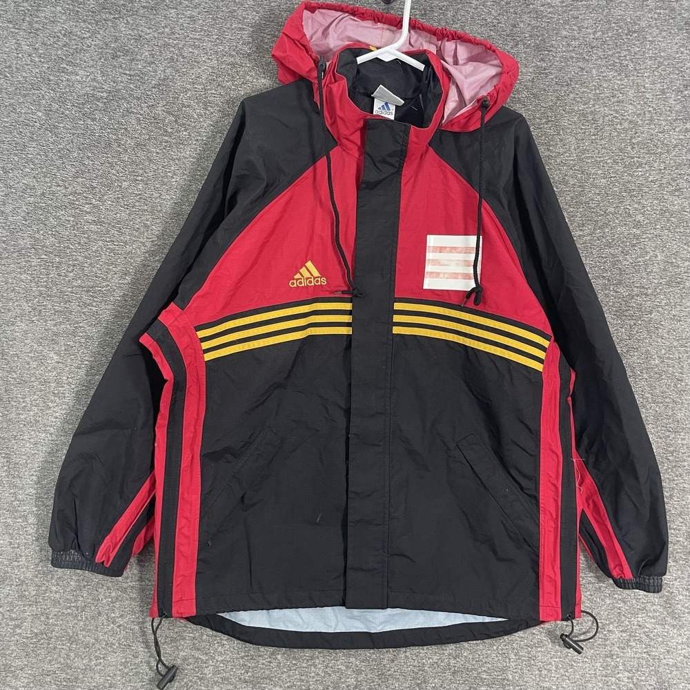 Adidas Jacket Mens Large Black Red Hooded Windbreaker 3-Stripes Soccer